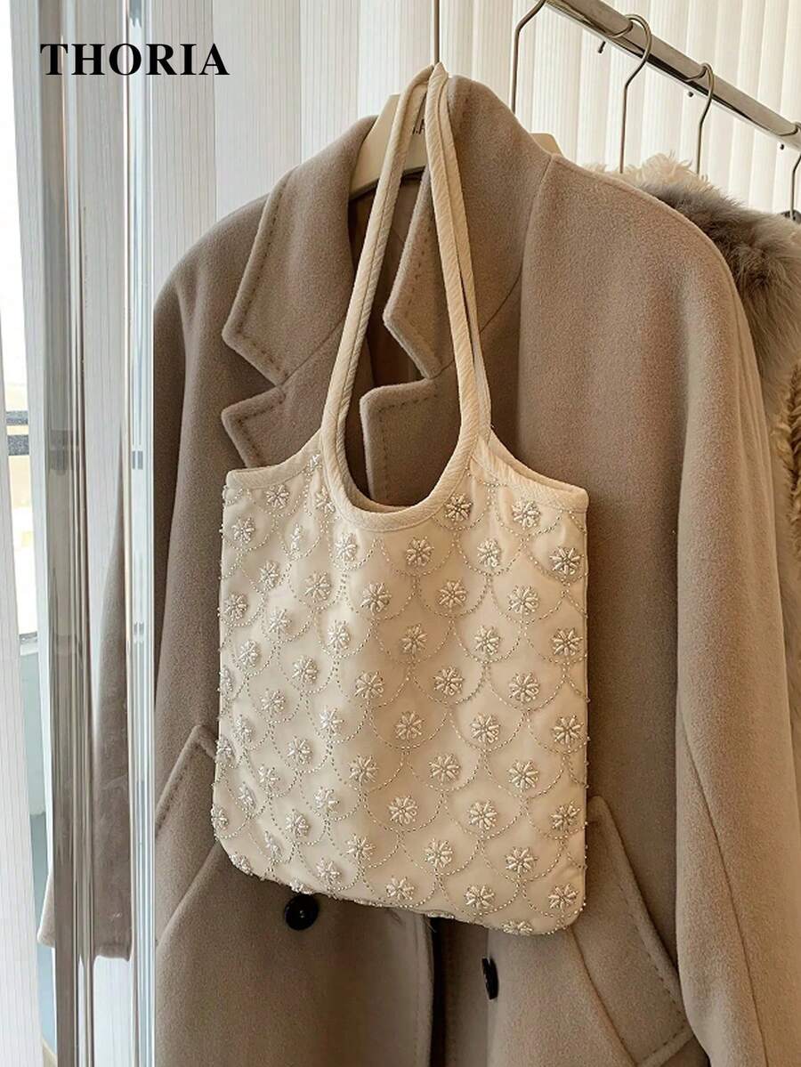 2026 New Beige Beaded Mini Phone Bag, Women's Shoulder Bag, Banquet Bag, Fashionable Commuting Bag, Daily Travel Charm Versatile Casual Crossbody Bag