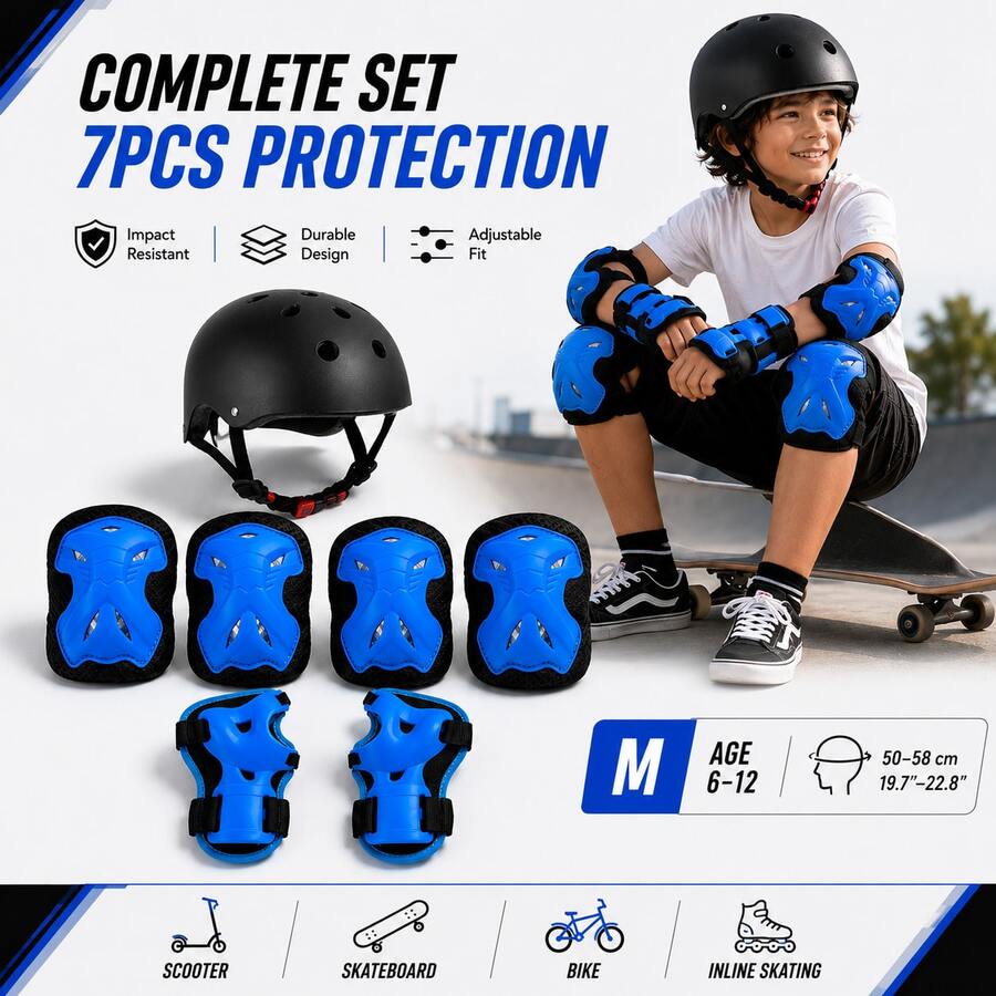 BAT DEICIDE 7-In-1 Kids Protective Gear Set – Adjustable Helmet & Knee/Elbow/Wrist Pads For Bike/Skateboard/Scooter – Ages 6-12, Back To School - Blue - View 1