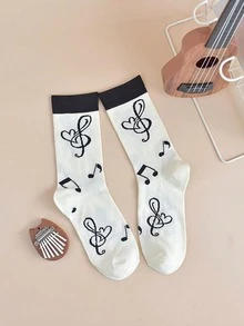 1 Pair Cream White Bottom Black Cuff Heart & Musical Note Mid-Calf ...