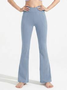 Never me Women's Sports Long Pants With Crossover Waist, Shaping Flared Leg, Seamless Wide Waistband, Hip-Flattering - Sky Blue - View 7