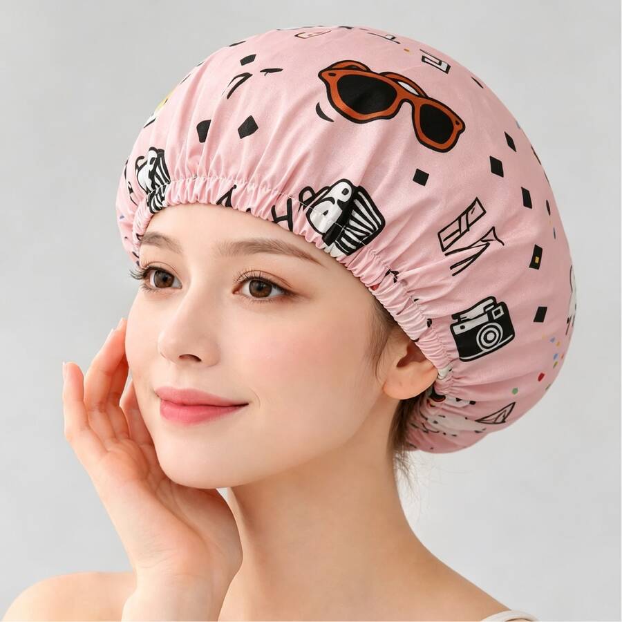 Dry Hair Cap Shower Cap Geometric Pattern Polyester Fiber Applique Hat Spring Summer Autumn Winter - Minimalist Cartoon Style Graffiti Shower Cap 3 - View 1