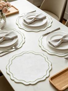 1-4pcs Red & White Contrast Color Placemats, French Luxury Linen Wavy Edge Waterproof Heat-Resistant Table Mats, Home Holiday Table Decor - Multicolor - View 20