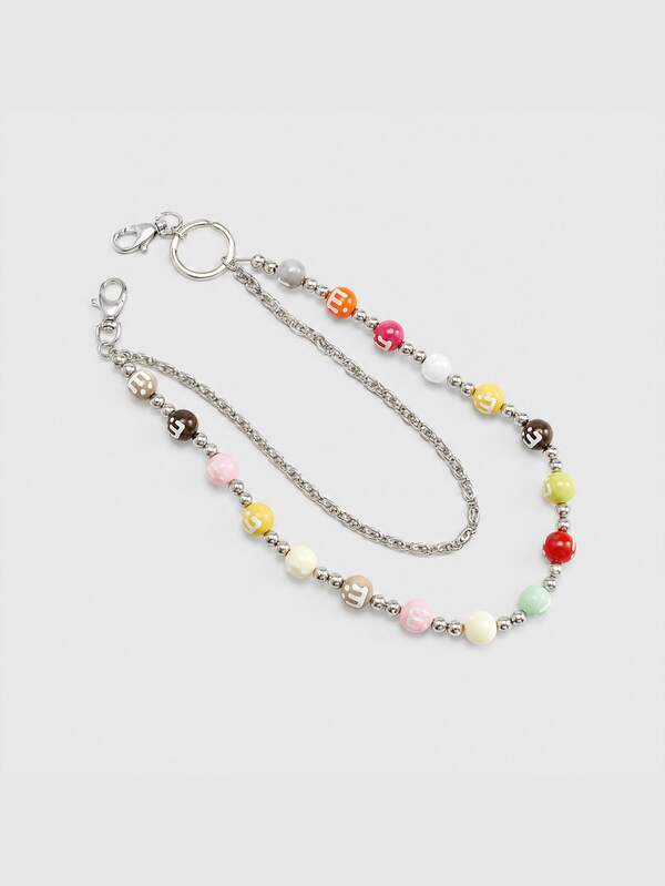 1pc Dopamine Colorful M-Bead Double Layer Pants Chain, Silver Metal Chain Niche Accessory