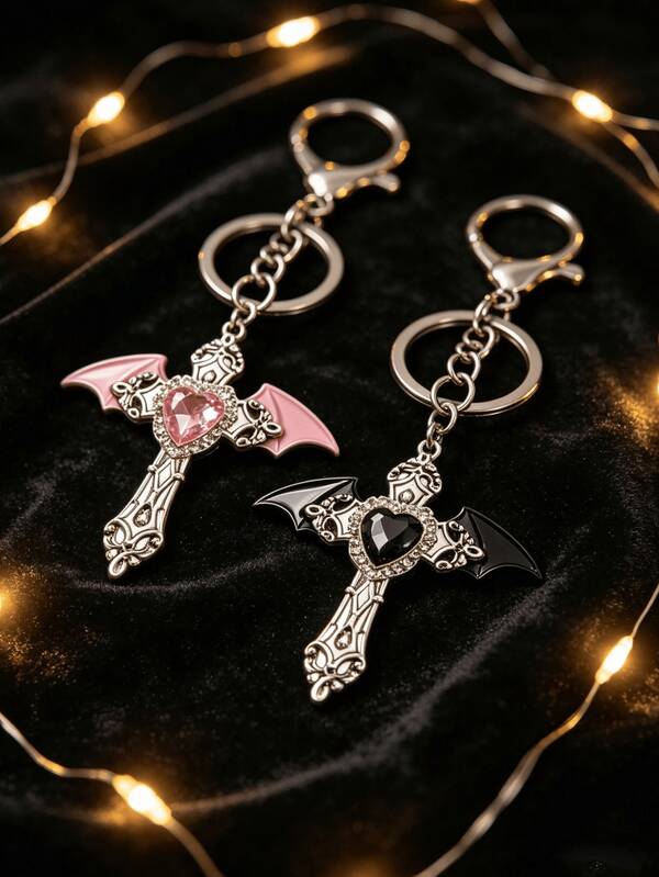 Y2K Gothic Angel Wings Cross Keychain With Rhinestone Heart, Vintage Dark Metal Bag Charm/Pendant, Suitable For Backpacks, Handbags And Car Key Accessories, Unisex Cosplay Party Accessory