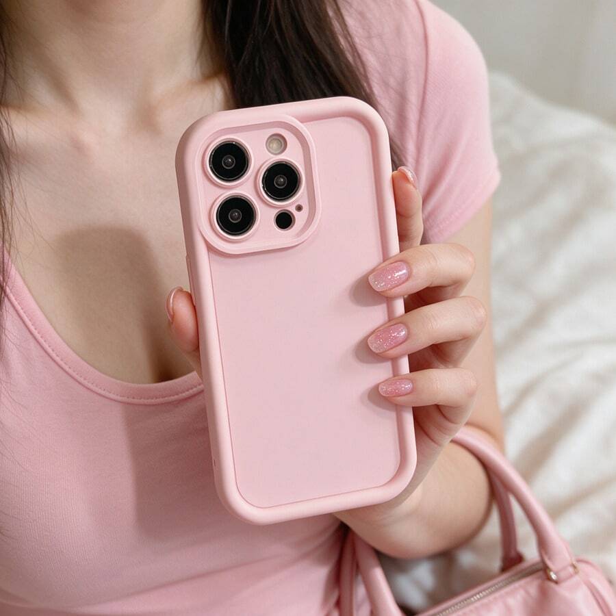 1pc [Pure Android Model] Solid Pink Soft Minimalist Simple No Pattern Personalized Material Ins Gentle Style Fashion European And American Girls Pretty Beautiful, Matte Pink Camera Frame Stepped Design Full Coverage Anti-Drop Soft Shell, Suitable For Samsung/Galaxy/Honor/Transsion/MOTO/Phone Case Protective Cover
