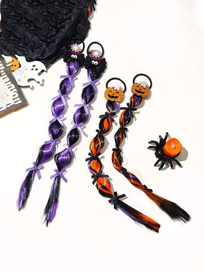 2 piezas/Set - Diademas tejidas de Halloween, pelucas de araña y calabaza con lentejuelas, extensiones de cabello trenzado, extensiones de coleta, accesorios para el cabello de disfraz de fiesta de cosplay, adecuados para la fiesta de "Trick or Treat", accesorios de disfraz de Halloween (múltiples estilos)