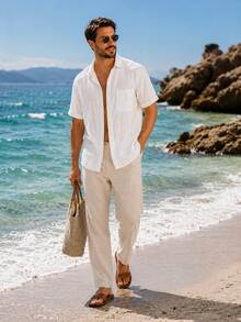 Herren Lässiges, atmungsaktives Leinenhemd mit Kurzarm, vielseitige Urlaubsbluse mit Kragen - Weiss - Übersicht 4