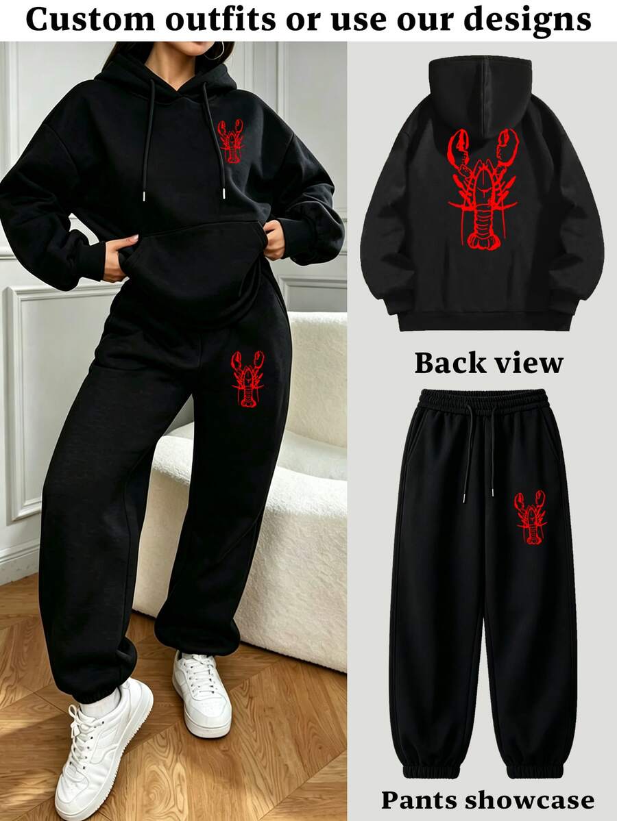 Customized Personalized Women's Hoodie & Joggers Set Black 2 Pieces - Add Your Own Photo (Family Photo/Selfie/Pet Photo/Text Image/Logo) To Design Your Personalized Outfit, Can Print Baby/Couple/Family/Pet Photo, Personalized Set, Customized Unique Women's Sportswear - Black - View 1