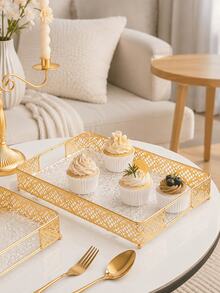 Gold Decorative Tableware Tray Set With Clear Tactile Base; Rectangular Metal Storage Tray With Handles And Raised Feet, Suitable For Paper Cups, Desserts, Cupcakes, Coffee, Perfume, Jewelry, Toiletries, Bathroom Countertop, Wedding Party And High-End Home Decor - Multicolor - View 4