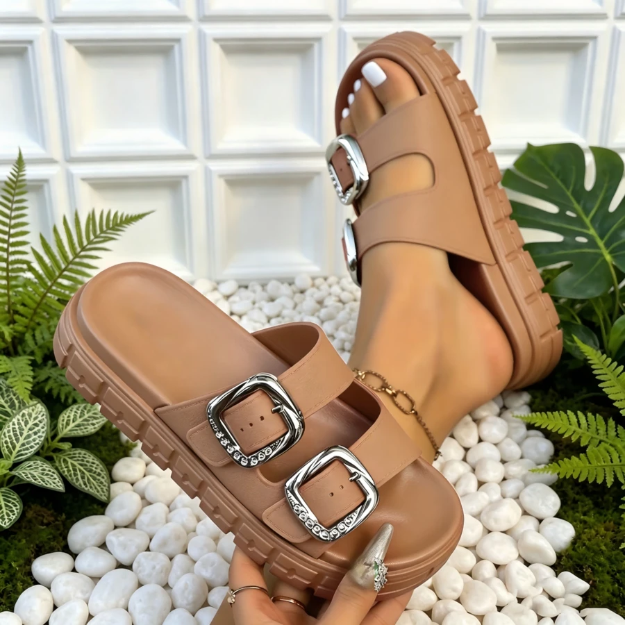 FZY Women's Sandals With A Widened Waist Design, A Thick Sole For Added Height, And A Tower Buckle Design. Casual, Comfortable, And Versatile Beach Shoes. - 橘色 - 查看 1