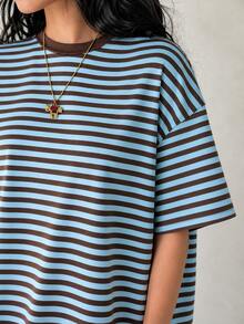 Light Blue & Brown Fine Striped All-Over Print Loose Short Sleeve Top & White Drawstring Shorts 2-Piece Set, Vintage Maillard Casual Loungewear - Blue - View 3