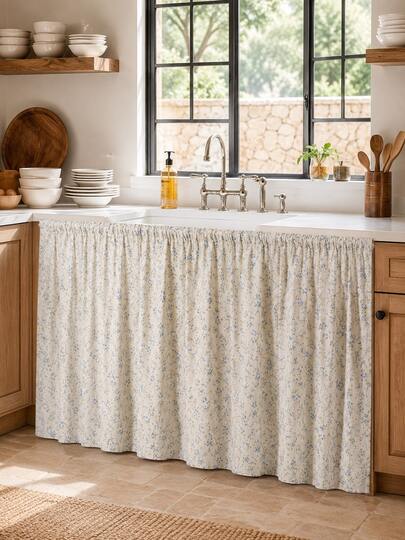 1pc Cream & Blue Ditsy Floral Kitchen Sink Under-Cabinet Curtain Skirt, Pastoral Style Pleated Cabinet Curtain For Storage, Concealment And Decoration, Suitable For Cabinets, Open Shelves, Sideboards And Home Organization