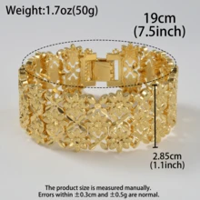 18K Gold Plated Copper Triple Layer Hollow Floral Wide Bracelet, Adjustable Chain Floral Hollow Design Women's Jewelry, Suitable For Wedding, Evening Party - Gold - View 5