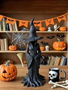 Halloween Tree Root Black Resin Witch Statue, Eerie Gothic Style Small Figurine, Indoor Home Party Haunted House Decor Desktop Ornament - Multicolor - View 3