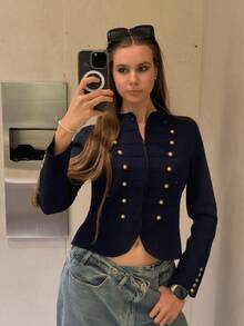 HZXVIC Women's Autumn New Vintage Elegant Gold Double-Breasted Knit Coat Fall - Navy Blue - View 7