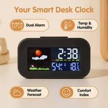 SOKANY Electronic Alarm Clock Desktop Weather Clock Single Screen Full Display Time/Temperature And Humidity/Weather Dual Alarm + Backlight 2 AAA Batteries Powered (Batteries Not Included) Bedroom/Office/Dormitory Essential - Black - View 2