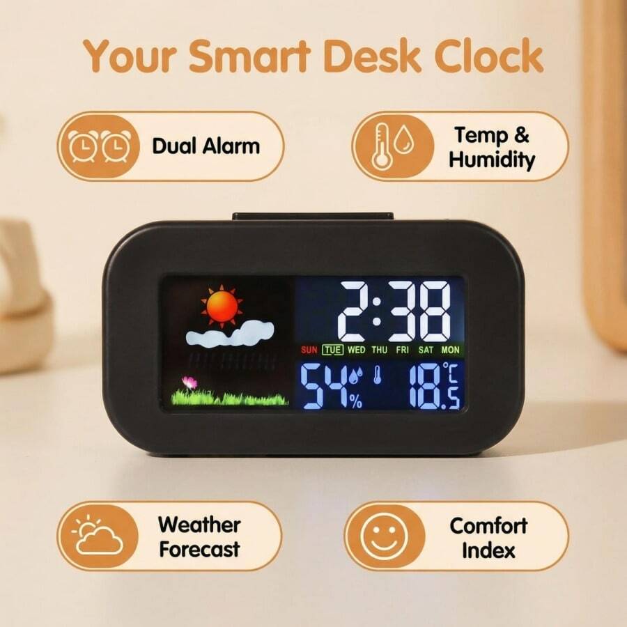 SOKANY Electronic Alarm Clock Desktop Weather Clock Single Screen Full Display Time/Temperature And Humidity/Weather Dual Alarm + Backlight 2 AAA Batteries Powered (Batteries Not Included) Bedroom/Office/Dormitory Essential