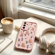 1pc Cute Little Flower & Bear Cartoon Floral Pattern Minimalist Soft Protective Phone Case, Matte Pink Lens Frame With Stepped Design, Full Coverage Anti-Drop, Suitable For Samsung/Galaxy/Honor/Transsion/MOTO - Multicolor - View 4