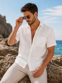 Herren Lässiges, atmungsaktives Leinenhemd mit Kurzarm, vielseitige Urlaubsbluse mit Kragen - Weiss - Übersicht 2