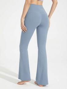 Never me Women's Sports Long Pants With Crossover Waist, Shaping Flared Leg, Seamless Wide Waistband, Hip-Flattering - Sky Blue - View 8
