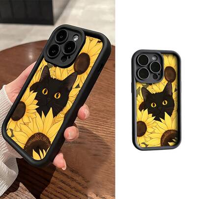 Healing Sunflower Black Cat Phone Case, Vintage Cartoon Illustration Black Soft Edge Frame, Raised Lens Cushion Anti-Drop Full Coverage Soft Shell, Niche Cute Sweet Cool Girl Versatile Phone Cover For Galaxy S22/23/24/S25/A04/05/06/A07/A17/A14/A15/A16/A24/A25/A34, Note 7/8/9/10/11/12/13/14, Compatible Models: IPhone17/16/11/13/15Plus/15Pro/15ProMax/12/14ProMax/11ProMax/12Pro/12ProMax/13Pro/13ProMax/14Pro/14Plus/Honor X7B 4G Phone Case