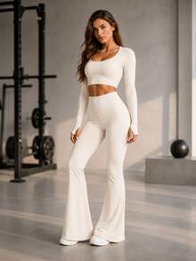 Calça Flare Feminina Cintura Alta Fitness Academia Yoga Tecido Grosso Zero Transparência - OFF WHITE - Visão 2