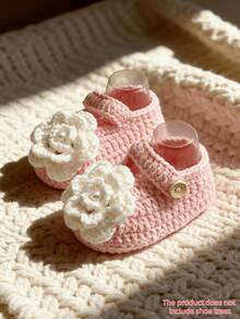 1 Pair Handmade Infant Boots, Green Crochet With White Flower, Button Closure - Baby Pink - View 8