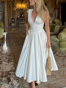 Vuslat Women's Summer Long Minimalist Gentle Vintage Front Button Pleated Maxi Dress, South French Garden Vacation Pure Desire Style Cinched Waist V-Neck White Dress, Suitable For Elegant Party, Office Commute, Garden, Party Gathering, Graduation Ceremony, Wedding Guest Outfit, Holiday, Evening Banquet, Independence Day, Birthday Party, Back To School Season - White - View 5