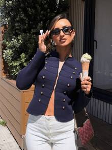 HZXVIC Women's Autumn New Vintage Elegant Gold Double-Breasted Knit Coat Fall - Navy Blue - View 9
