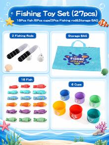 1套非磁性幼兒布藝釣魚玩具，數字配對疊杯釣魚玩具組，附魔鬼氈魚片與可折疊布收納袋，早教互動爬行玩具，適合男孩女孩，兒童節與生日禮物（配件隨機配色） - 彩色 - 查看 11