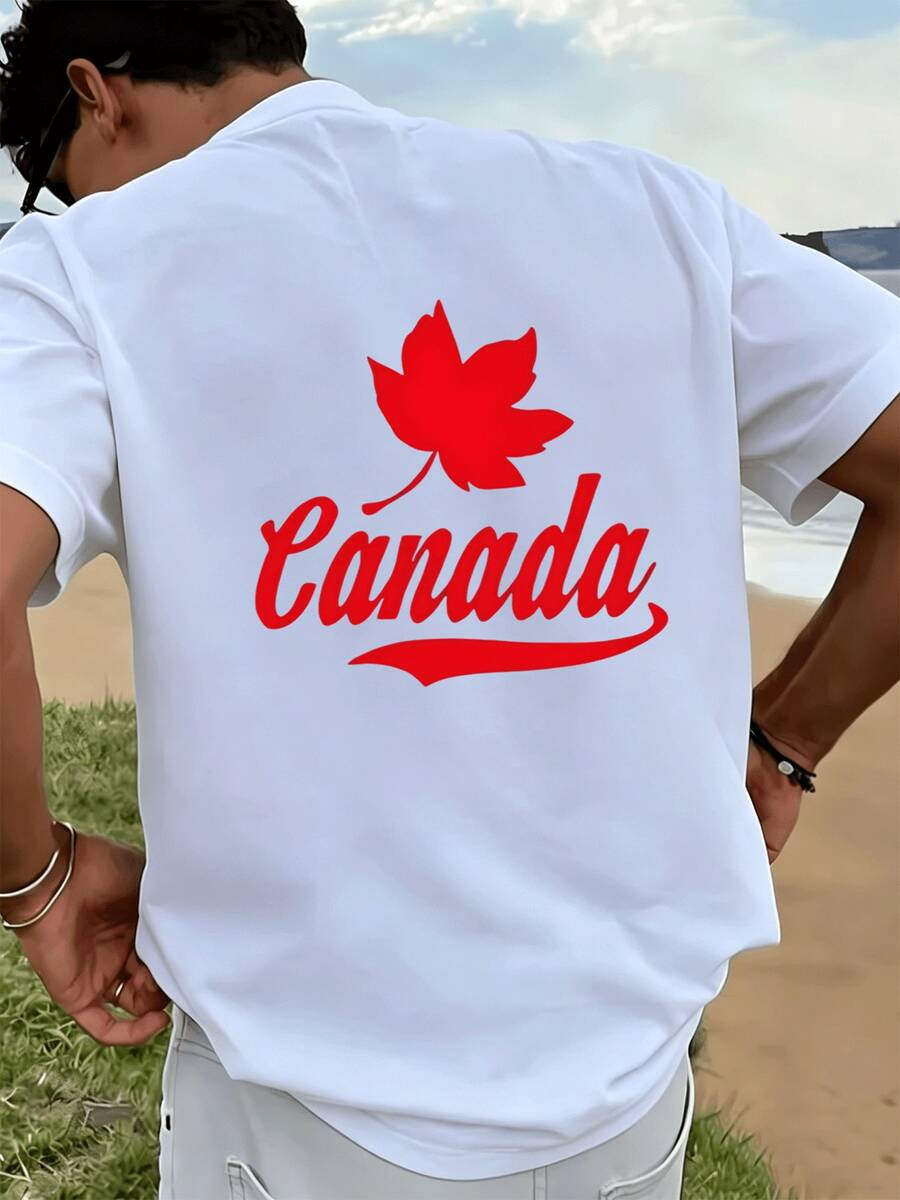 Canada Maple Leaf Print Herren T Shirt Streetwear Baumwolle Oversize Kurzarm Casual Sport Freizeit Schulstart - Weiss - Übersicht 1