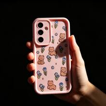 1pc Cute Little Flower & Bear Cartoon Floral Pattern Minimalist Soft Protective Phone Case, Matte Pink Lens Frame With Stepped Design, Full Coverage Anti-Drop, Suitable For Samsung/Galaxy/Honor/Transsion/MOTO - Multicolor - View 6