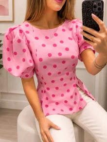 GMFP Pink Polka Dot Round Neck Puff Sleeve Waist-Cinching Cropped Backless Top, Date Independence Day World Cup Women's Outfit Summer - Pink - View 5