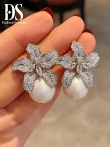1 对女士优雅花卉设计水钻耳钉，四季欧美风格仿珍珠耳环适合街拍、派对和工作 - 白色 - 查看 2