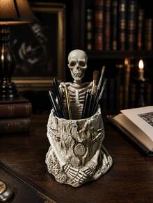 Gothic Skeleton Pen Holder Desk Organizer, Resin Skull Pencil Cup Storage Container, Halloween Horror Decor For Office Home Study Room - New Model - View 1