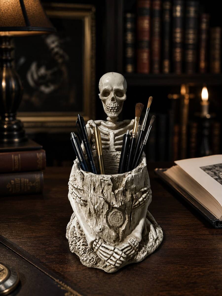 Gothic Skeleton Pen Holder Desk Organizer, Resin Skull Pencil Cup Storage Container, Halloween Horror Decor For Office Home Study Room - New Model - View 1