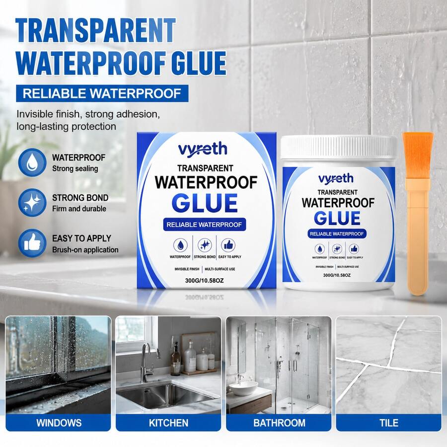 1Pc 300g/10.58oz Transparent Waterproof Glue With Brush, Invisible Finish Leak Repair Sealant For Bathroom Kitchen Tiles & Windows