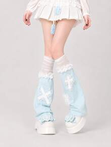 Light Blue Flared Cross Lace Trim Leg Warmers With Bow And Ruffle Hem, Y2K Millennium Hot Girl Subculture Harajuku Anime Lolita Layered Calf Sleeves - Multicolor - View 3