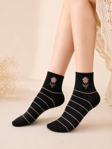 5 Pairs Random Floral Lightweight Short Socks, Soft And Comfortable, Suitable For Daily, Work, Campus, Casual Wear - Multicolor - View 5