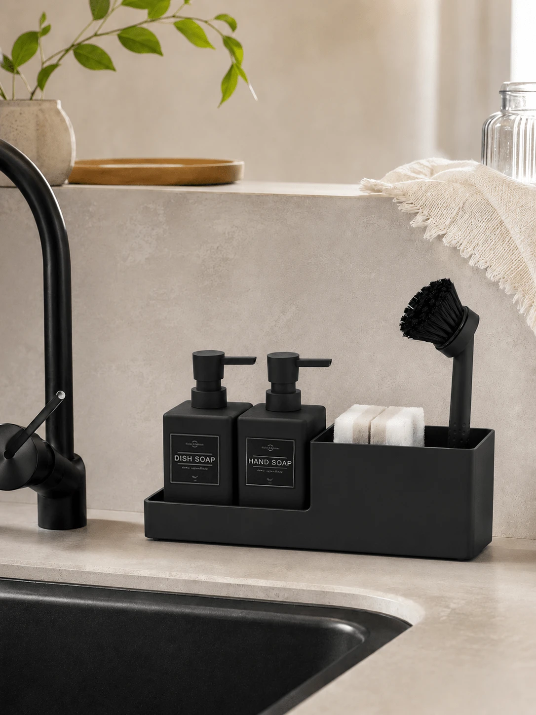 11pcs-Matte Black Kitchen Soap Dispenser, With Brush, Sponge Holder Set, Suitable For Kitchen Sink Hand Soap And Dish Soap Dispenser