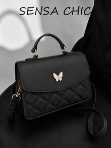 Black Diamond Quilted Flap Handbag, Shell Inlaid Butterfly Metal Decor Top Handle Crossbody Bag With Adjustable Strap - Black - View 6