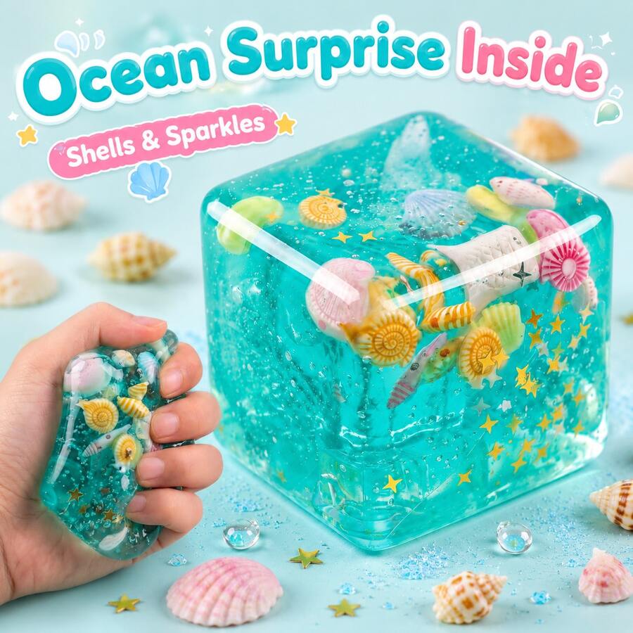 Summer Ocean Style Shell Soft Silicone Square Stress Relief Toy, Transparent Glitter Squeeze Hand Toy, Suitable For Daily Relaxation, Party Favors And Gift Bag Fillers