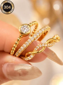 ZCNC Znice Copper 18K Gold Plated Stackable Ring Set, Women's Luxury Sparkling Rhinestone 3 Pieces Ring Set, Hypoallergenic Minimalist Jewelry, Perfect Mother's Day Gift, Summer Vacation Accessory - Gold - View 11
