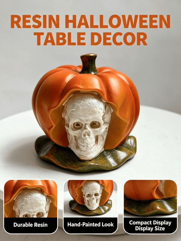 1pc Vintage Skull Pumpkin Sculpture, Orange Eerie Holiday Decor, Halloween Tabletop Ornament, Autumn Entryway Cabinet Decoration, Graduation Gift, Indoor Fireplace Mantel Prop, Dark Academia Gothic Desktop Decor