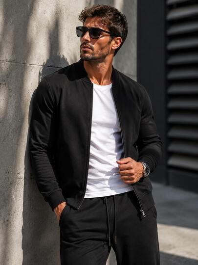 Men's Solid Black Zipper Flight Jacket Sweatshirt, Ribbed Stand Collar Long Sleeve Casual Knit Outerwear, Suitable For Daily Streetwear