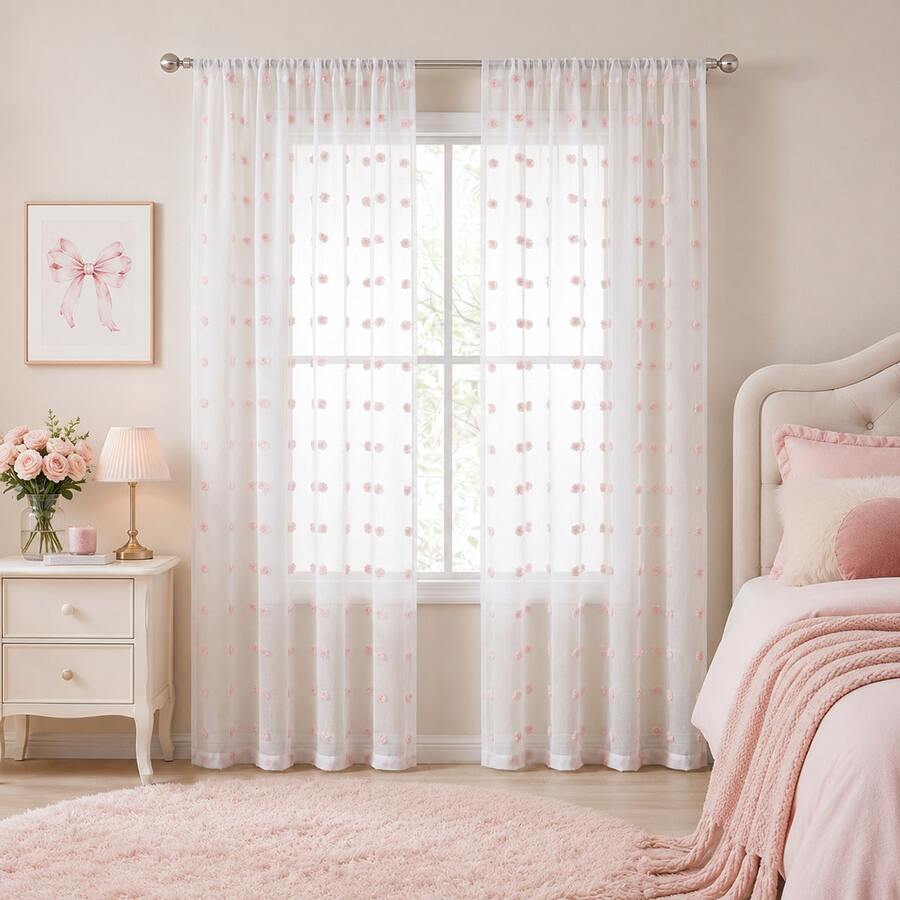 1 pièce ou 2 pièces, rideau transparent minimaliste à pois rose clair avec pompons COSENNATUR, rideau de cuisine, poche à tringle, facile à accrocher, léger et doux, tissu en polyester, utilisation toute saison, lavable, plusieurs tailles et scènes applicables, convient pour la chambre, le salon, la cuisine, la salle à manger, la salle de bain, le bureau, la terrasse extérieure, la chambre de princesse, la décoration de la maison pour la saison des mariages - Rose pâle - Voir 1