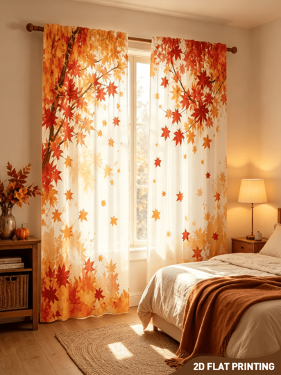 2 piezas Cortinas de hojas de arce de otoño, tela de filtro con estampado de hojas de otoño brillantes, adecuadas para decoración del hogar en salas de estar, dormitorios, balcones, con bolsillo para barra, adecuadas para todas las estaciones