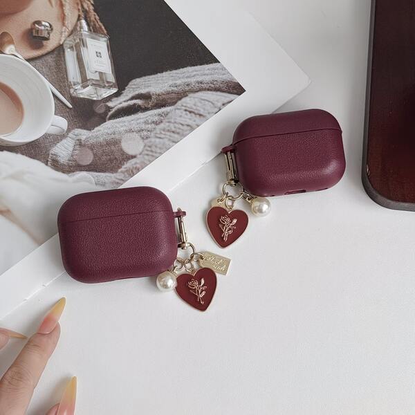 Wine Red TPU Glossy Earphone Protective Case With Bead Chain And 3D Heart, For AirPods 1/2/3/4, For AirPods Pro 3/Pro 2, Anti-Scratch, Anti-Drop, Shockproof, Soft And Durable, Mother's Day, Valentine's Day, Birthday Gift, Girlfriend Gift