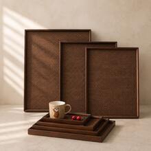 Walnut Square Bamboo Tray With Handle, Detachable Woven Mat, Multi-Size Breakfast Storage Tea Coffee Snack Food Cake Aromatherapy Candle Fruit Tray, Kitchen Accessories, Home Decor, Room Decor, Wedding, Picnic, Back To School Essentials - Maroon - View 10