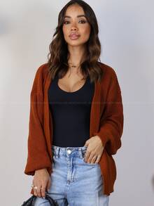 Women's Knitted Cardigan With Puff Sleeves, Elegant, Casual, Terracotta - 陶土 - 查看 1